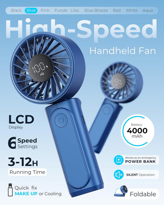 Peiyuu Handheld Fan, Portable Fan with 4000mAh Rechargeable Battery, LED Display Hand Fan with 6 Speeds, Mini Fan 180° Foldable for Home Office Travel Outdoor Bedroom