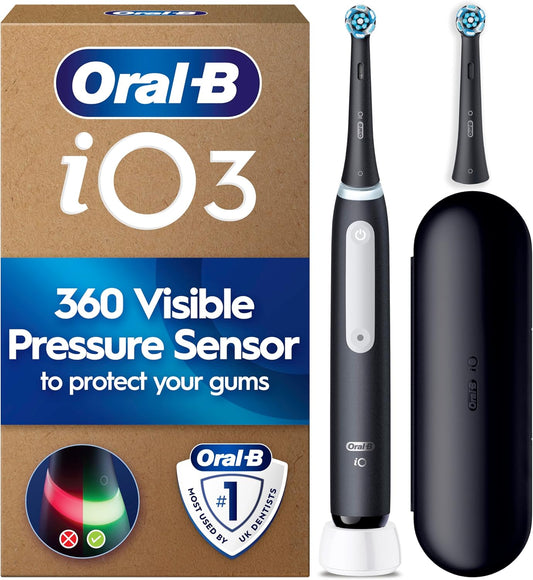 Oral-B iO3 Electric Toothbrush for Adults, Matt Black - Pressure Sensor, with 2 Toothbrush Heads, Long-Lasting Battery with Case for Home and Travel, UK Two Pin Plug